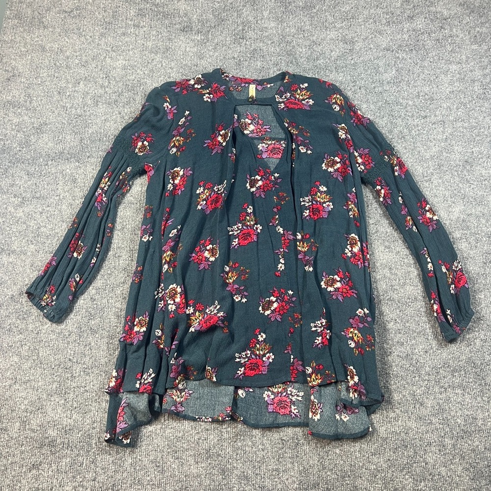 Free People Swing Tunic Dress Women XS Blue Floral Split Neck High Low Hem Party